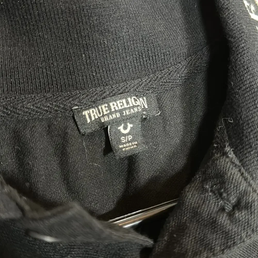Men’s TRUE RELIGION Striped Logo Polo T Shirt Size Small Black and White